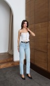 Yüksek Bel Paça Kesik Detaylı Light Blue Kemerli Jean Pantolon