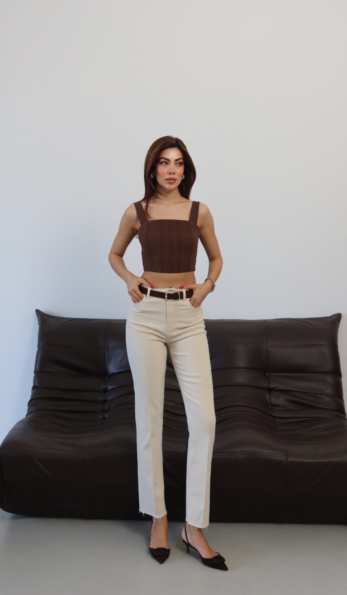 Yüksek Bel Paça Kesik Detaylı Kemerli Naturel Jean Pantolon