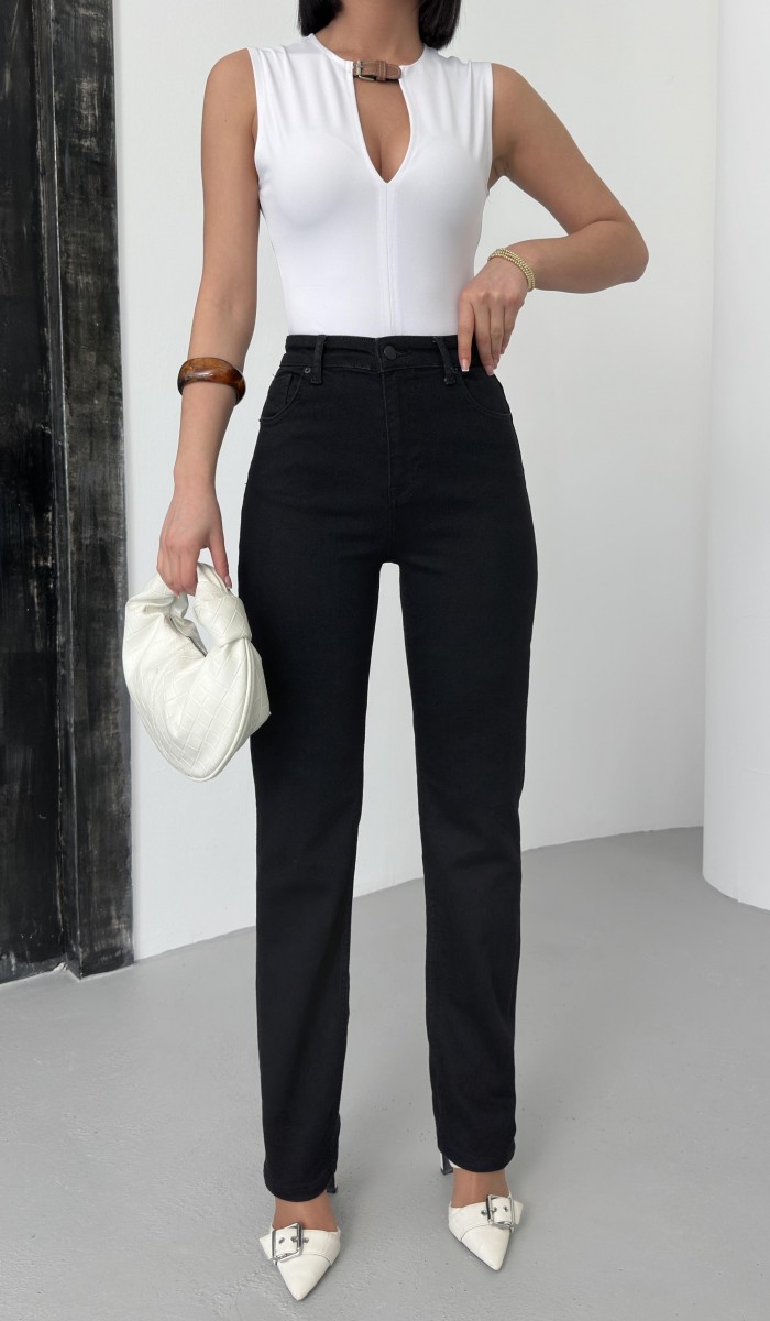 Yükske Bel Boru Kesim Black Jean Pantolon