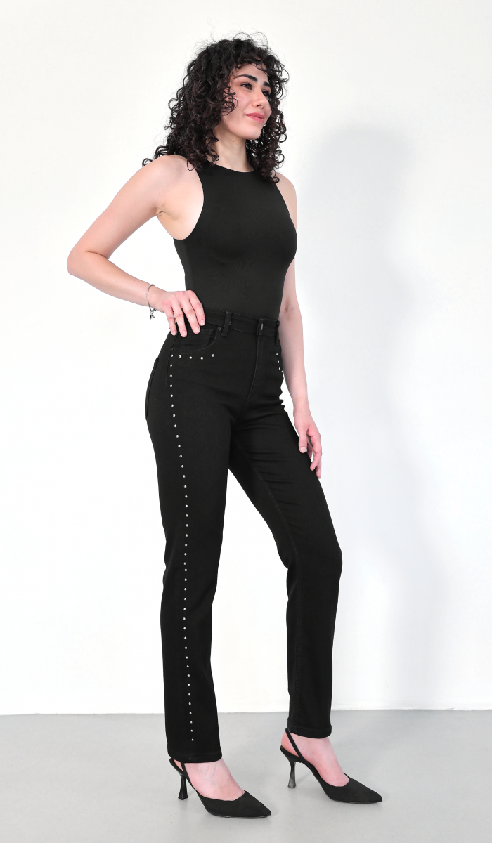Yüksek Bel Boru Kesim Drop Detaylı Black Jean Pantolon