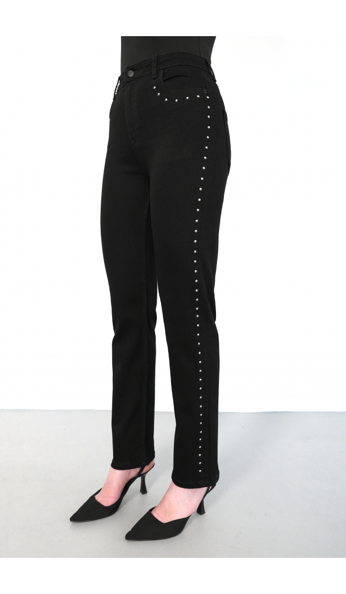 Yüksek Bel Boru Kesim Drop Detaylı Black Jean Pantolon Yüksek Bel Boru Kesim Drop Detaylı Black Jean Pantolon