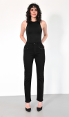 Yüksek Bel Boru Kesim Drop Detaylı Black Jean Pantolon