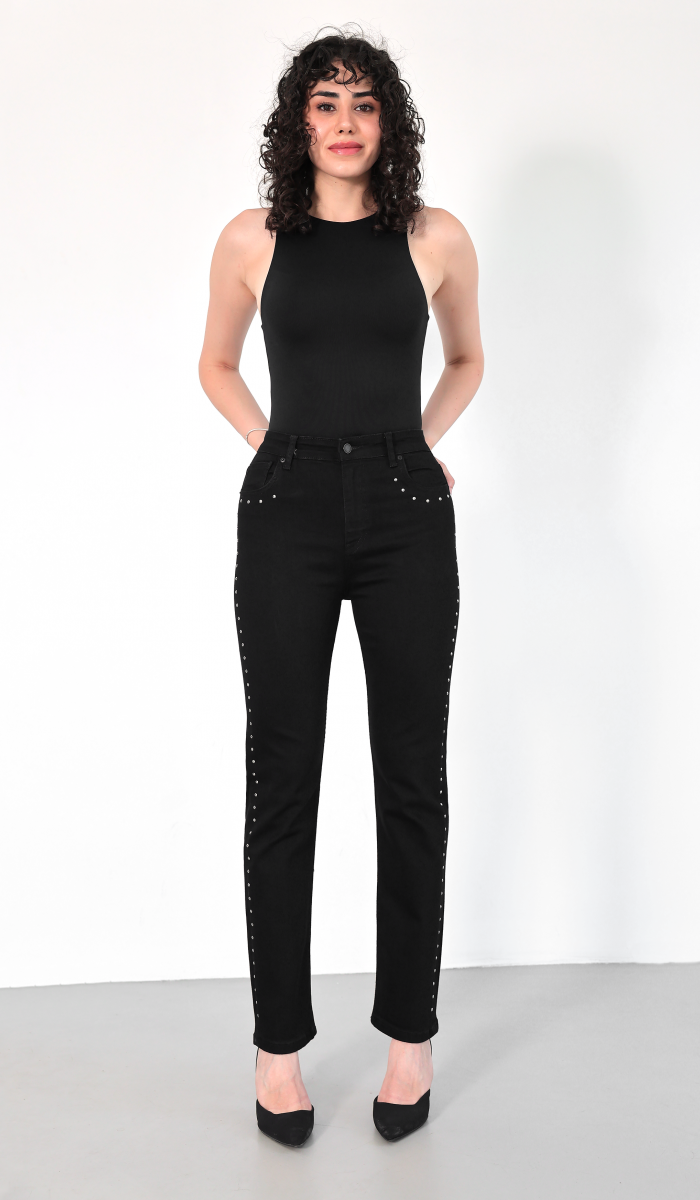 Yüksek Bel Boru Kesim Drop Detaylı Black Jean Pantolon
