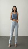 Yüksek Bel Boru Kesim Taş Detaylı İce Blue Jean Pantolon