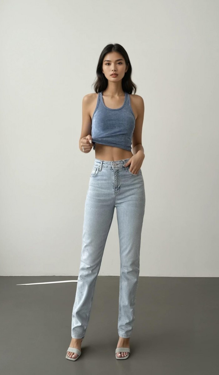 Yüksek Bel Boru Kesim Taş Detaylı İce Blue Jean Pantolon
