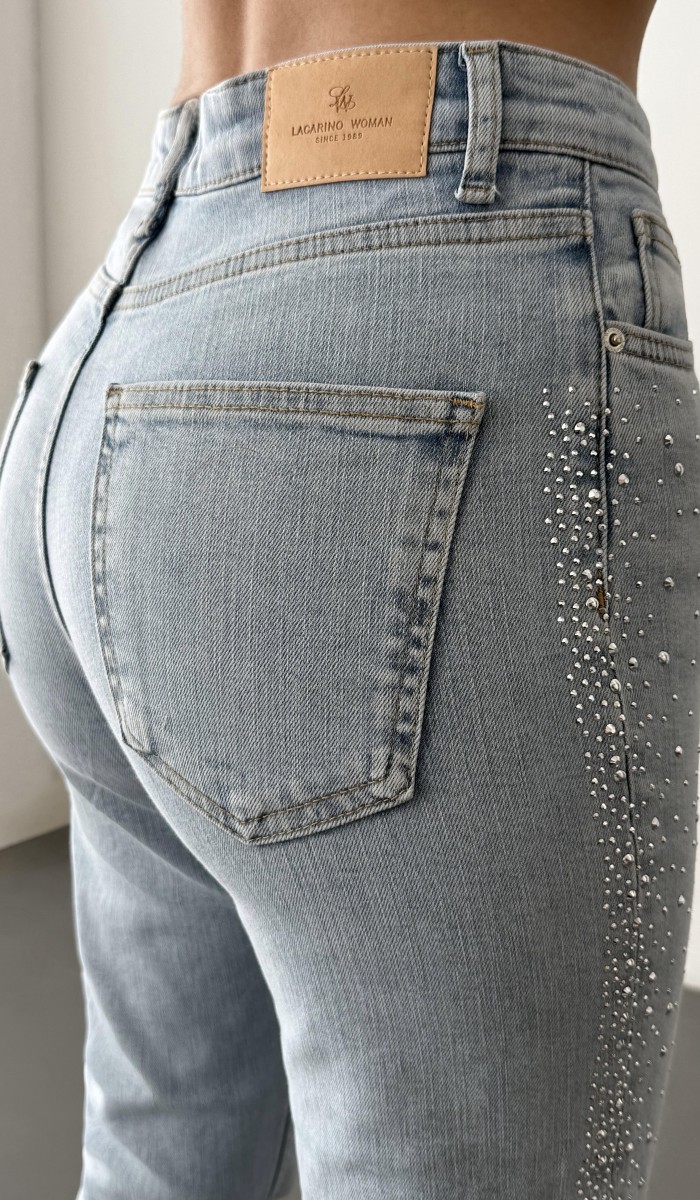 Yüksek Bel Boru Kesim Taş Detaylı İce Blue Jean Pantolon