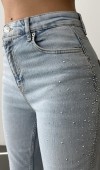 Yüksek Bel Boru Kesim Taş Detaylı İce Blue Jean Pantolon