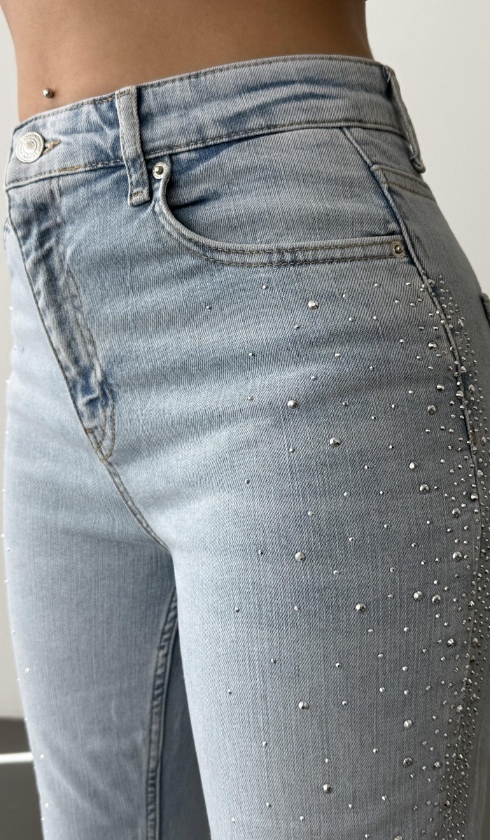 Yüksek Bel Boru Kesim Taş Detaylı İce Blue Jean Pantolon