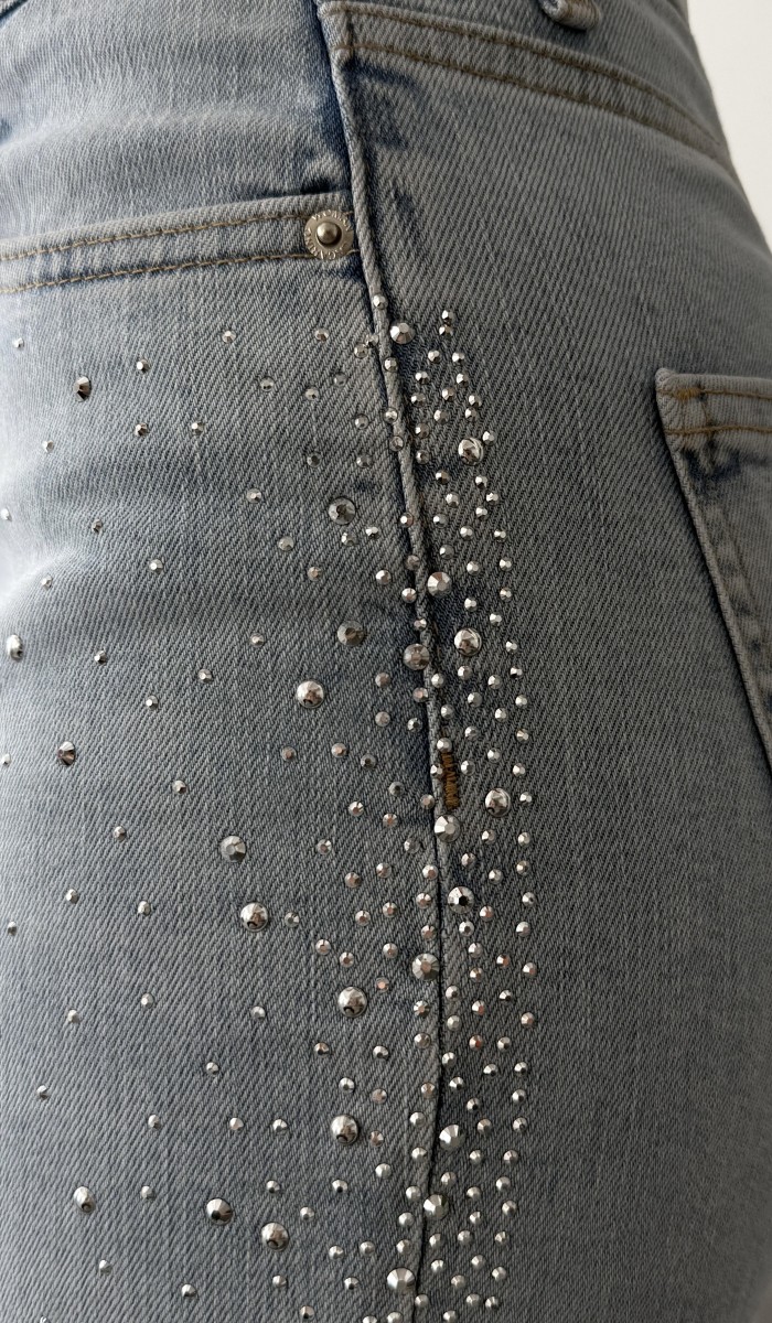 Yüksek Bel Boru Kesim Taş Detaylı İce Blue Jean Pantolon