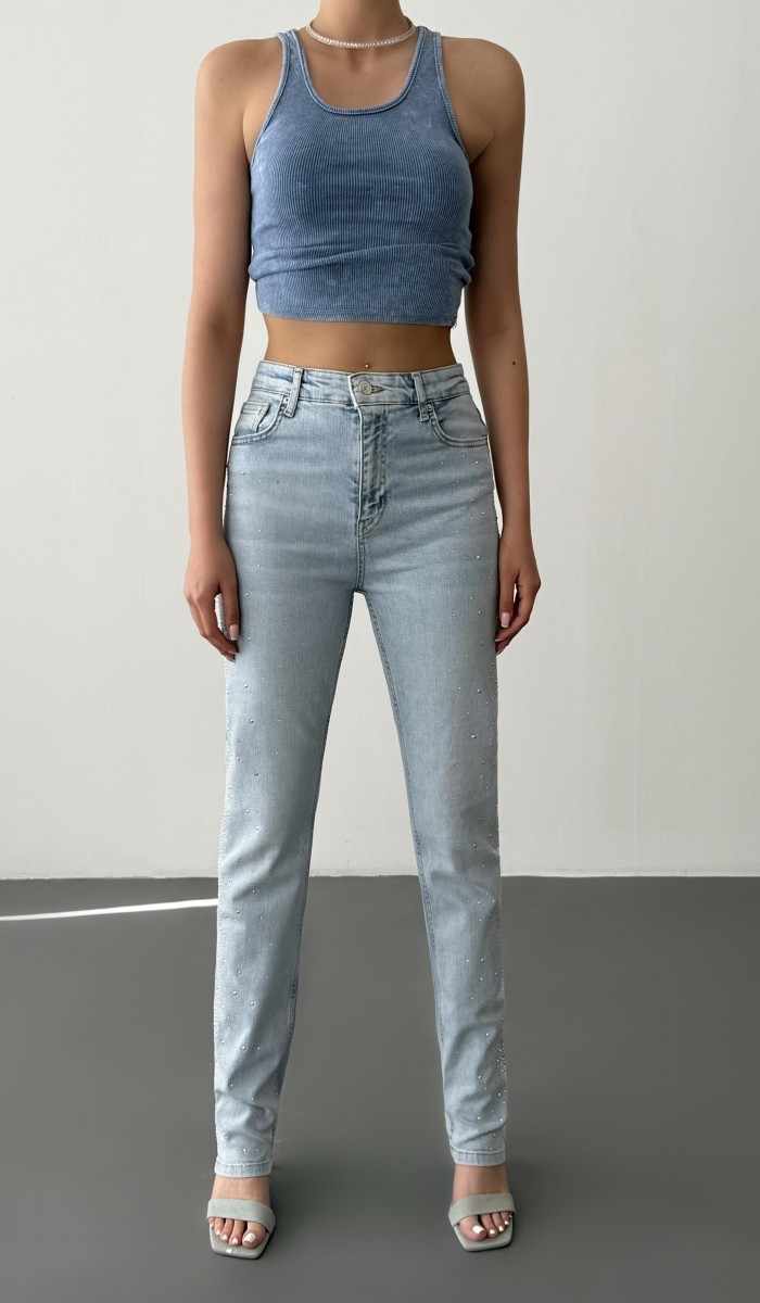 Yüksek Bel Boru Kesim Taş Detaylı İce Blue Jean Pantolon