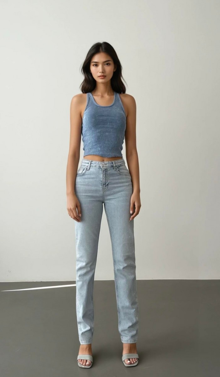 Yüksek Bel Boru Kesim Taş Detaylı İce Blue Jean Pantolon