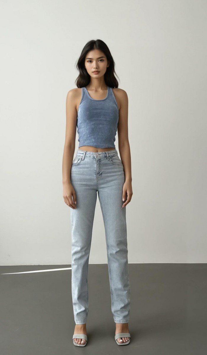 Yüksek Bel Boru Kesim Taş Detaylı İce Blue Jean Pantolon