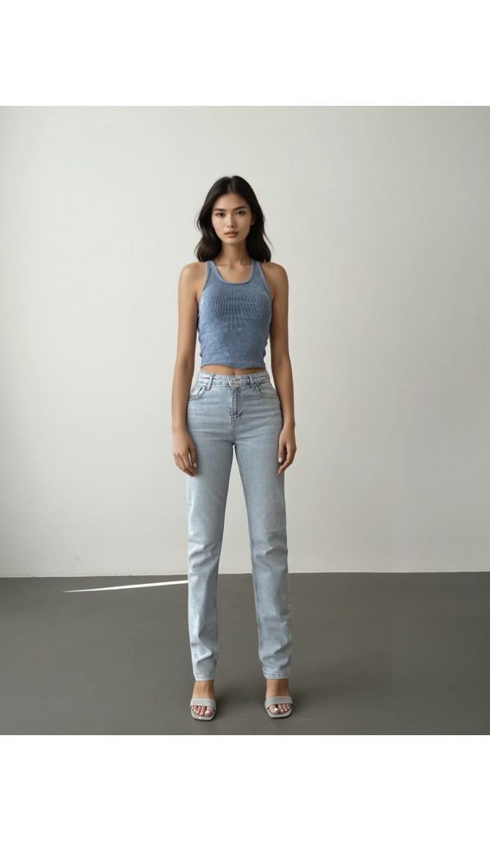 Yüksek Bel Boru Kesim Taş Detaylı İce Blue Jean Pantolon