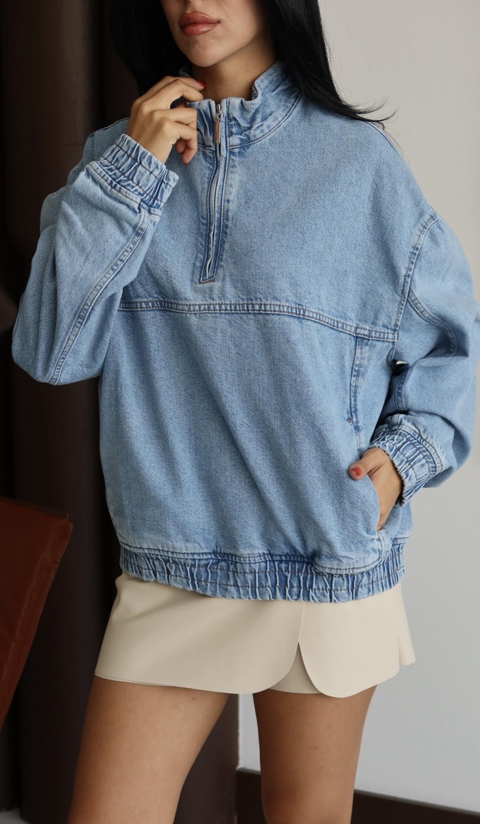 Yaka Fermuar Detaylı Unisex Blue Sweatshirt