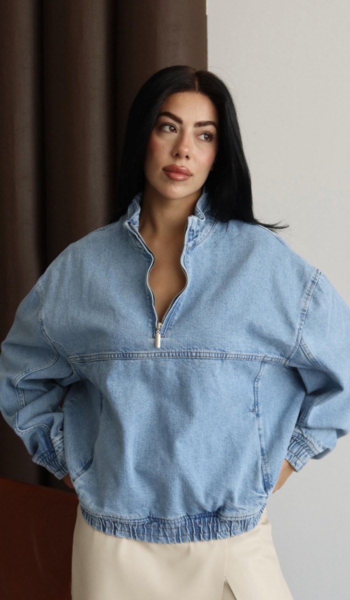 Yaka Fermuar Detaylı Unisex Blue Sweatshirt
