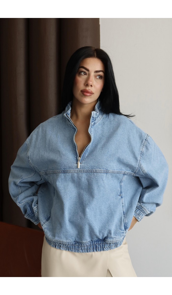 Yaka Fermuar Detaylı Unisex Blue Sweatshirt