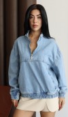 Yaka Fermuar Detaylı Unisex Blue Sweatshirt