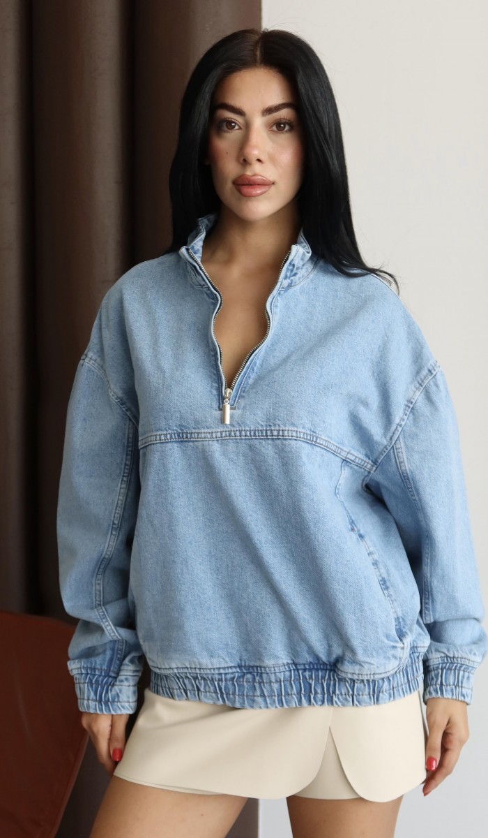 Yaka Fermuar Detaylı Unisex Blue Sweatshirt