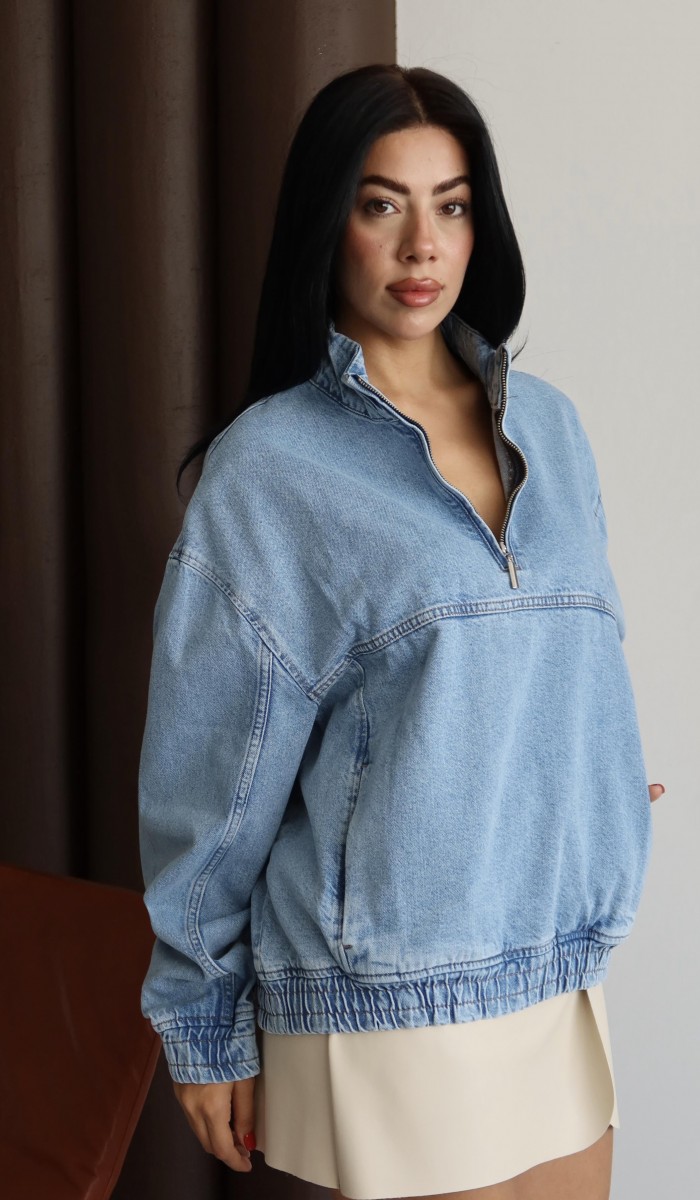 Yaka Fermuar Detaylı Unisex Blue Sweatshirt