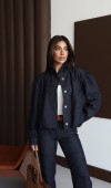 Gizli Düğme Detaylı Balon Kol Straıght Kalıp Pantolon Navy Blue Jean Takım