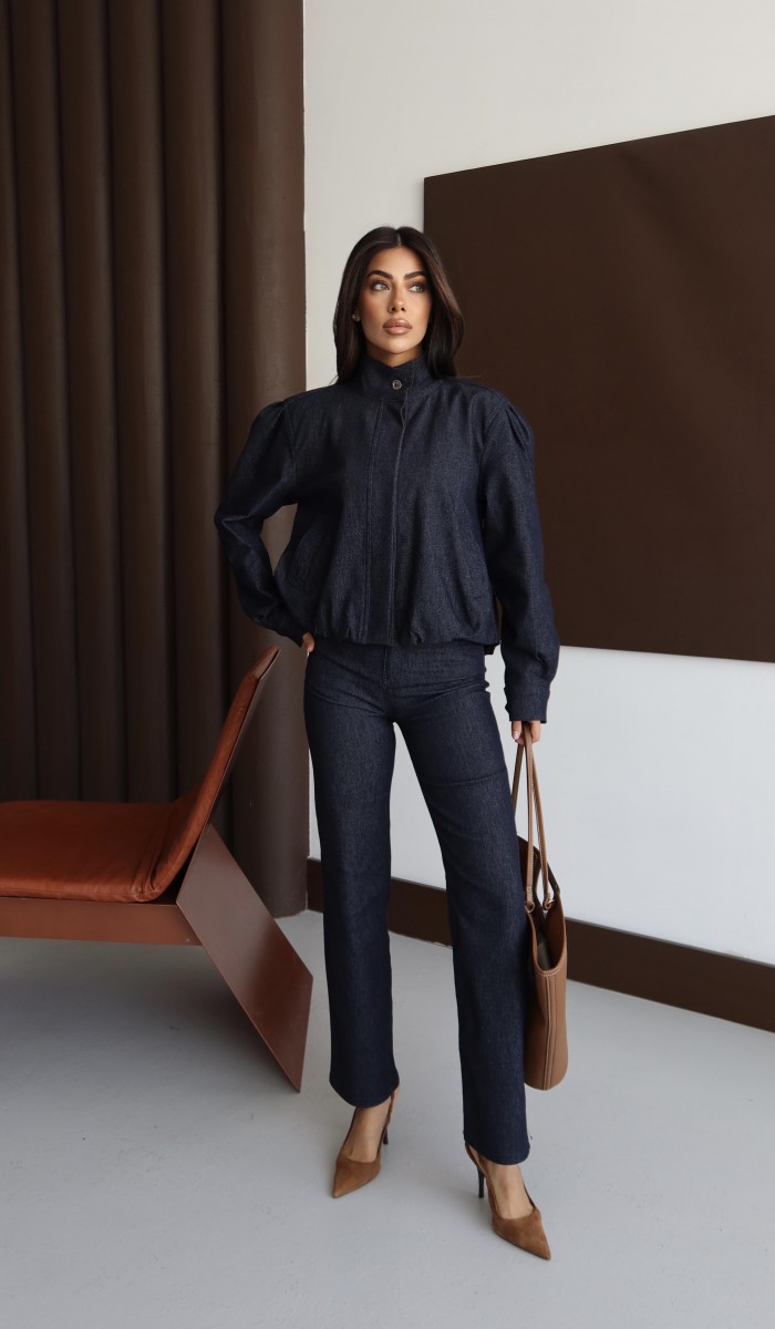 Gizli Düğme Detaylı Balon Kol Straıght Kalıp Pantolon Navy Blue Jean Takım