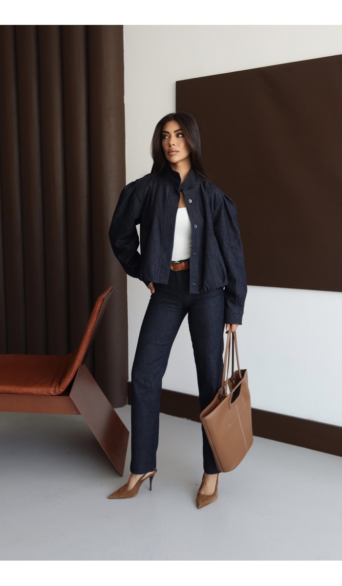 Gizli Düğme Detaylı Balon Kol Straıght Kalıp Pantolon Navy Blue Jean Takım