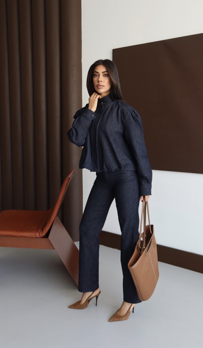 Gizli Düğme Detaylı Balon Kol Straıght Kalıp Pantolon Navy Blue Jean Takım