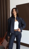 Gizli Düğme Detaylı Balon Kol Straıght Kalıp Pantolon Navy Blue Jean Takım