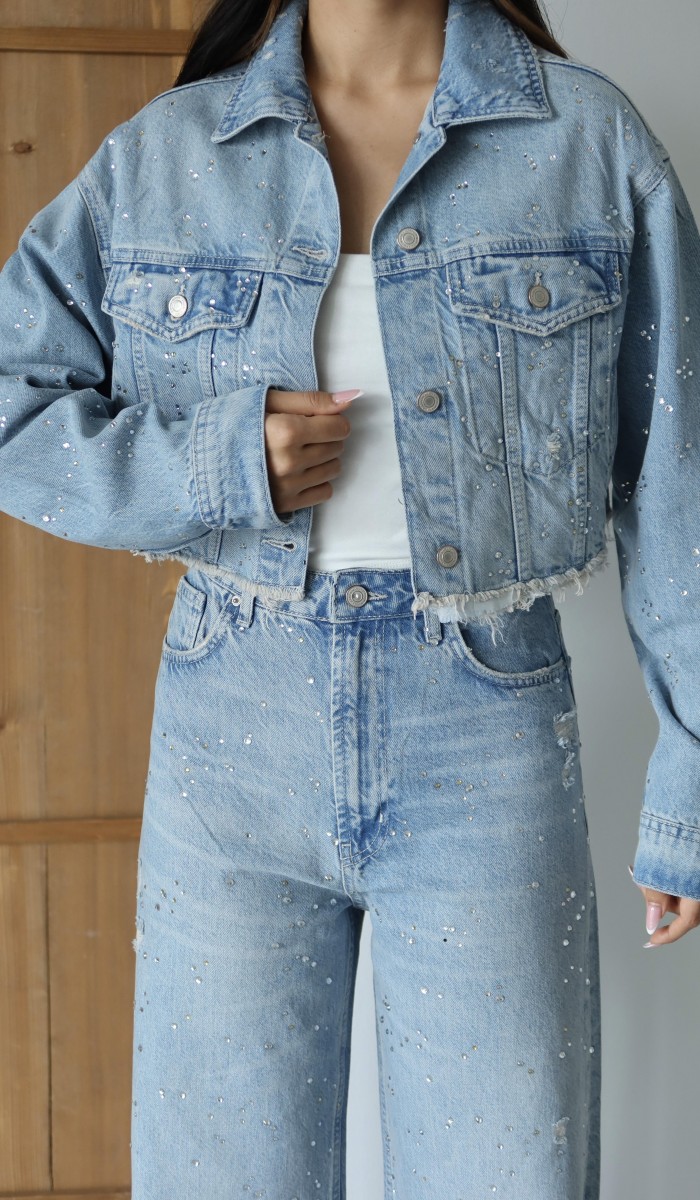 Yüksek Bel Komple Taş Detaylı Ceket Altı Pis Dikiş Detaylı Light Blue Jean Takım