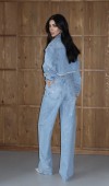 Yüksek Bel Komple Taş Detaylı Ceket Altı Pis Dikiş Detaylı Light Blue Jean Takım