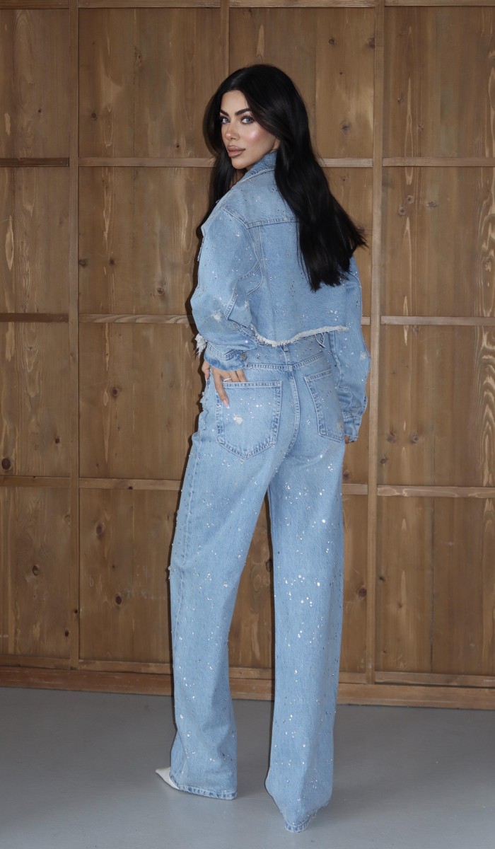 Yüksek Bel Komple Taş Detaylı Ceket Altı Pis Dikiş Detaylı Light Blue Jean Takım