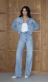 Yüksek Bel Komple Taş Detaylı Ceket Altı Pis Dikiş Detaylı Light Blue Jean Takım