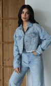 Yüksek Bel Komple Taş Detaylı Ceket Altı Pis Dikiş Detaylı Light Blue Jean Takım