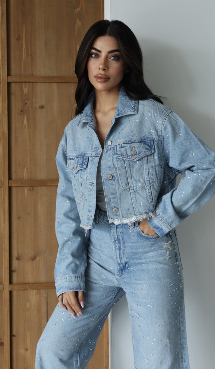 Yüksek Bel Komple Taş Detaylı Ceket Altı Pis Dikiş Detaylı Light Blue Jean Takım