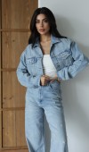 Yüksek Bel Komple Taş Detaylı Ceket Altı Pis Dikiş Detaylı Light Blue Jean Takım