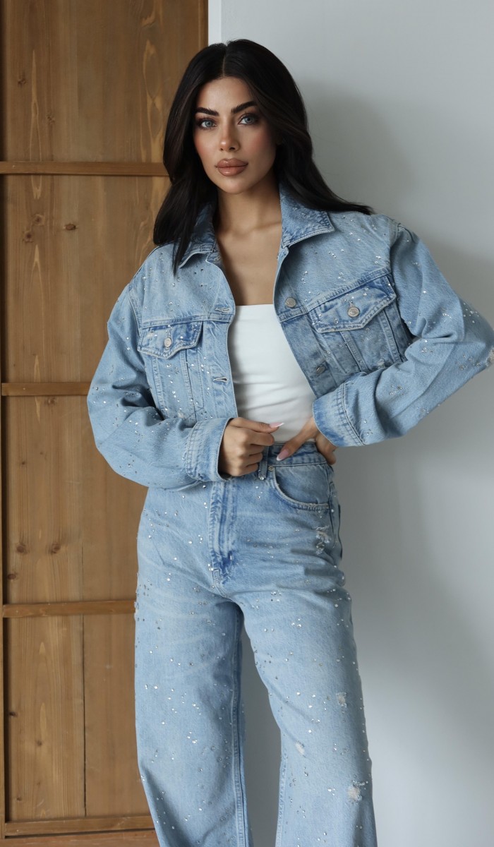 Yüksek Bel Komple Taş Detaylı Ceket Altı Pis Dikiş Detaylı Light Blue Jean Takım