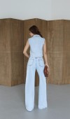 Yüksek Bel Wideleg Kalıp Jean  5 Düğmeli Gömlek Yaka Yelek  Light Blue Jean Takım
