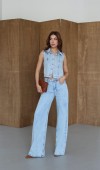 Yüksek Bel Wideleg Kalıp Jean  5 Düğmeli Gömlek Yaka Yelek  Light Blue Jean Takım