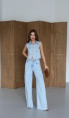 Yüksek Bel Wideleg Kalıp Jean  5 Düğmeli Gömlek Yaka Yelek  Light Blue Jean Takım