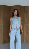 Yüksek Bel Wideleg Kalıp Jean  5 Düğmeli Gömlek Yaka Yelek  Light Blue Jean Takım