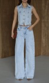 Yüksek Bel Wideleg Kalıp Jean  5 Düğmeli Gömlek Yaka Yelek  Light Blue Jean Takım