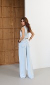 Yüksek Bel Lastikli ve İp Bağlamalı Düğme Detaylı Yelekli Light Blue Tencel Takım