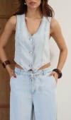 Yüksek Bel Lastikli ve İp Bağlamalı Düğme Detaylı Yelekli Light Blue Tencel Takım