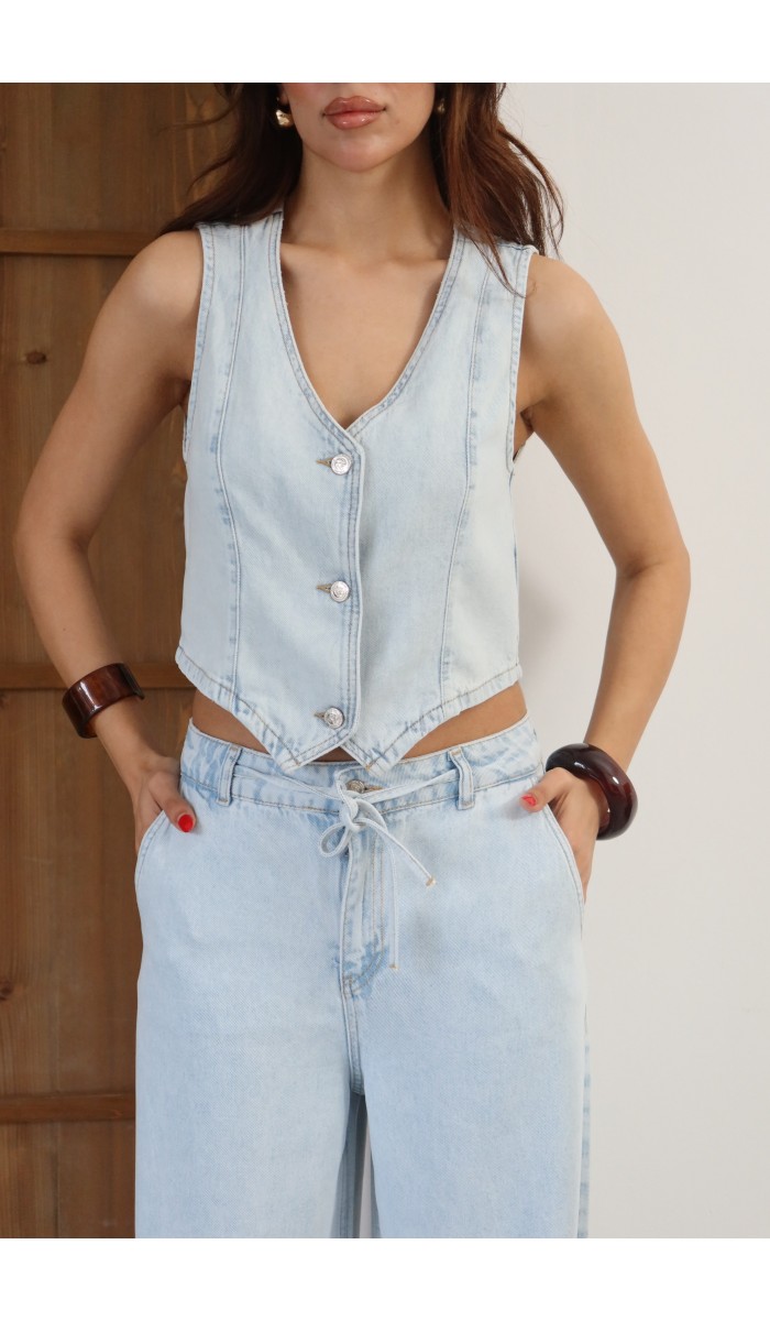 Yüksek Bel Lastikli ve İp Bağlamalı Düğme Detaylı Yelekli Light Blue Tencel Takım