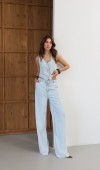 Yüksek Bel Lastikli ve İp Bağlamalı Düğme Detaylı Yelekli Light Blue Tencel Takım