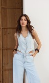 Yüksek Bel Lastikli ve İp Bağlamalı Düğme Detaylı Yelekli Light Blue Tencel Takım