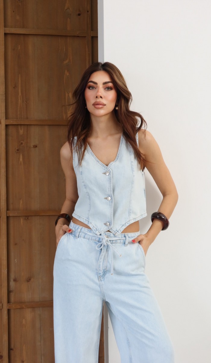 Yüksek Bel Lastikli ve İp Bağlamalı Düğme Detaylı Yelekli Light Blue Tencel Takım