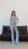 Gömlek Yaka Ön Fermuar Detaylı Light Blue Denim Tulum