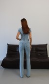 Gömlek Yaka Ön Fermuar Detaylı Light Blue Denim Tulum