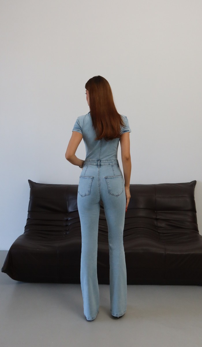 Gömlek Yaka Ön Fermuar Detaylı Light Blue Denim Tulum